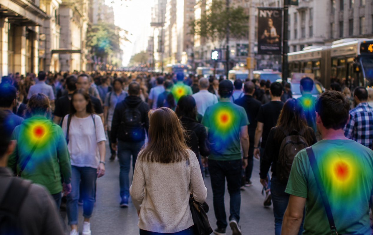 Illustration generated with AI, using a heatmap to depict attentional guidance toward visual features (e.g. the colour green) in a crowd of people