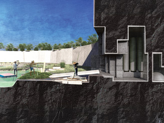 Section drawing of building by water with landscape and activity