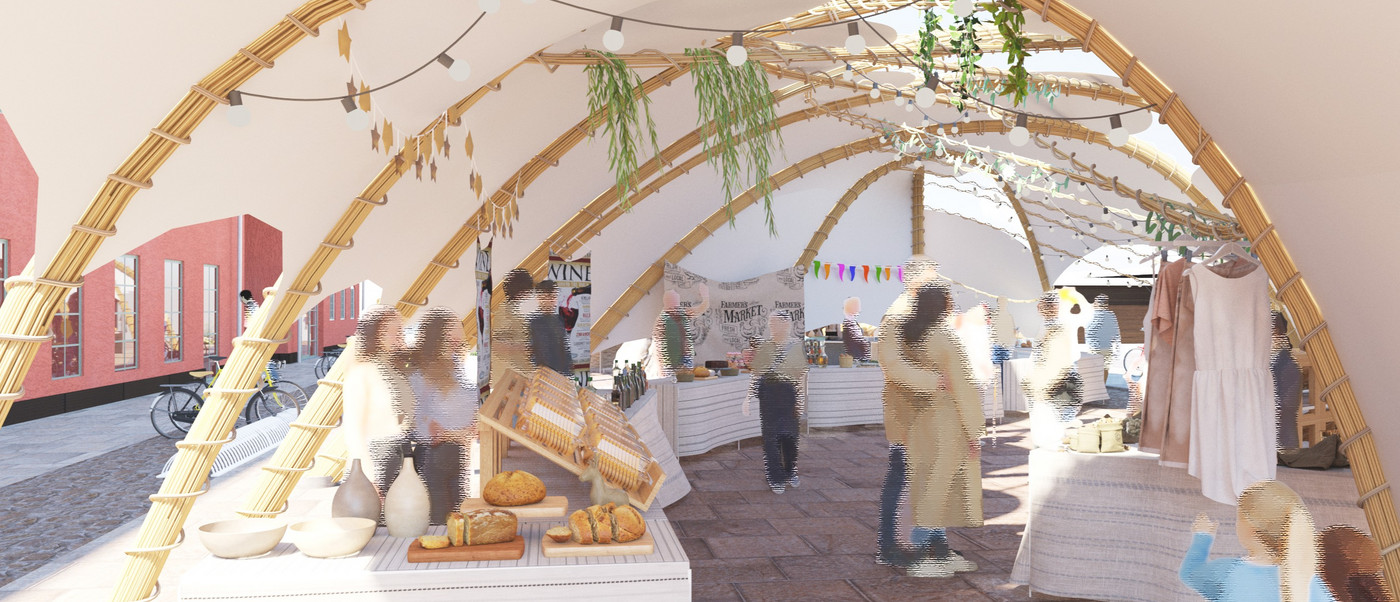 Market scene under a wooden canopy with stalls, lights, and people browsing.