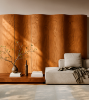 Wavy wooden wardrobe behind sofa with decorative objects.