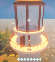 View of a lighthouse with a balcony, surrounded by water and small islands, shown in a game environment with sunlight.