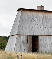 Tall, angular timber building with a grey façade, an open door, and tall grass around it.