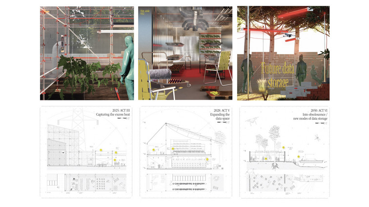 Three interior renderings with technical building section drawings below.