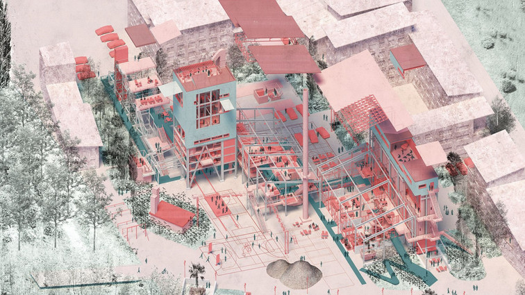 Axonometric illustration of a multi-level urban structure with open frameworks.