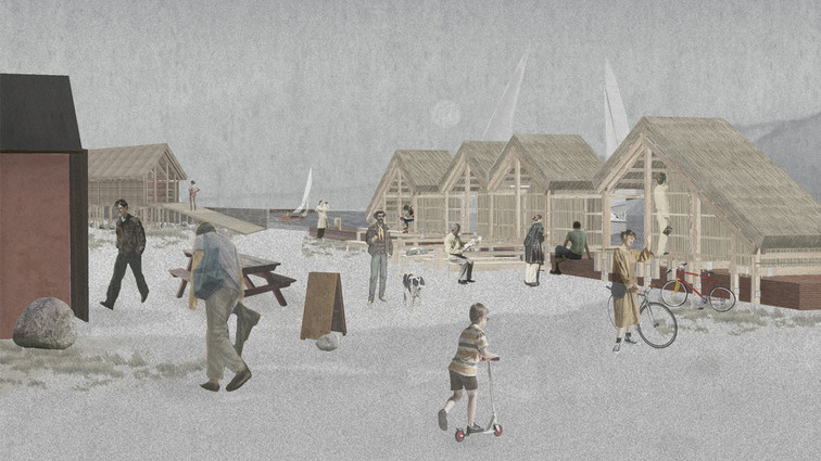 : Outdoor area with small wooden huts and people by the water.