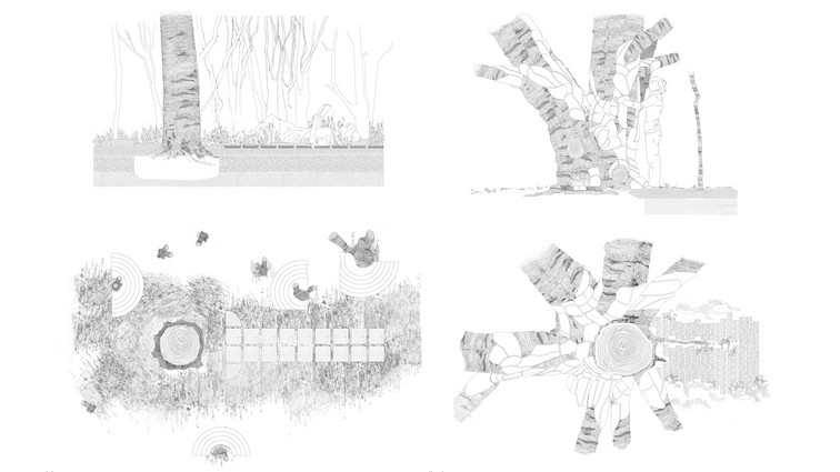  Drawings of sculptural wooden structure from various angles.