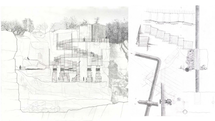 Drawing of a building in rock with stairs and platforms.