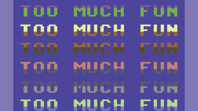 Bogforside for Too Much Fun om Commodore 64-computeren med pixelgrafik.