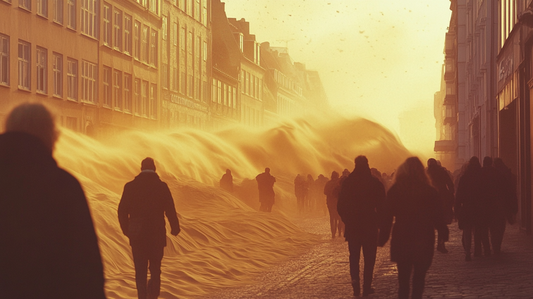 Fodgængere går gennem en bygade, mens en stor bølge af sand eller støv vælter frem.