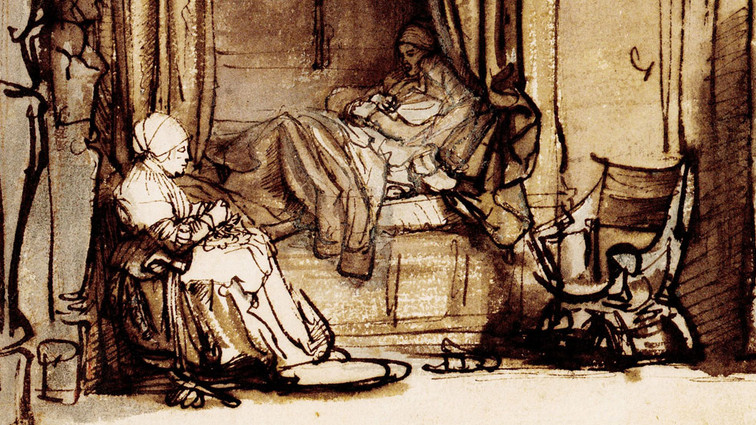 Sepia sketch of an interior with two seated figures, one holding a child.