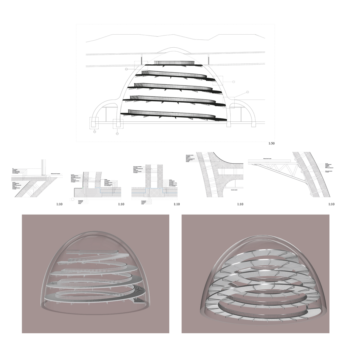 Tavlen viser en oversigt over beskyttelsesrummenes konstruktion med knudepunkter, samt 3D renderinger af rampen.