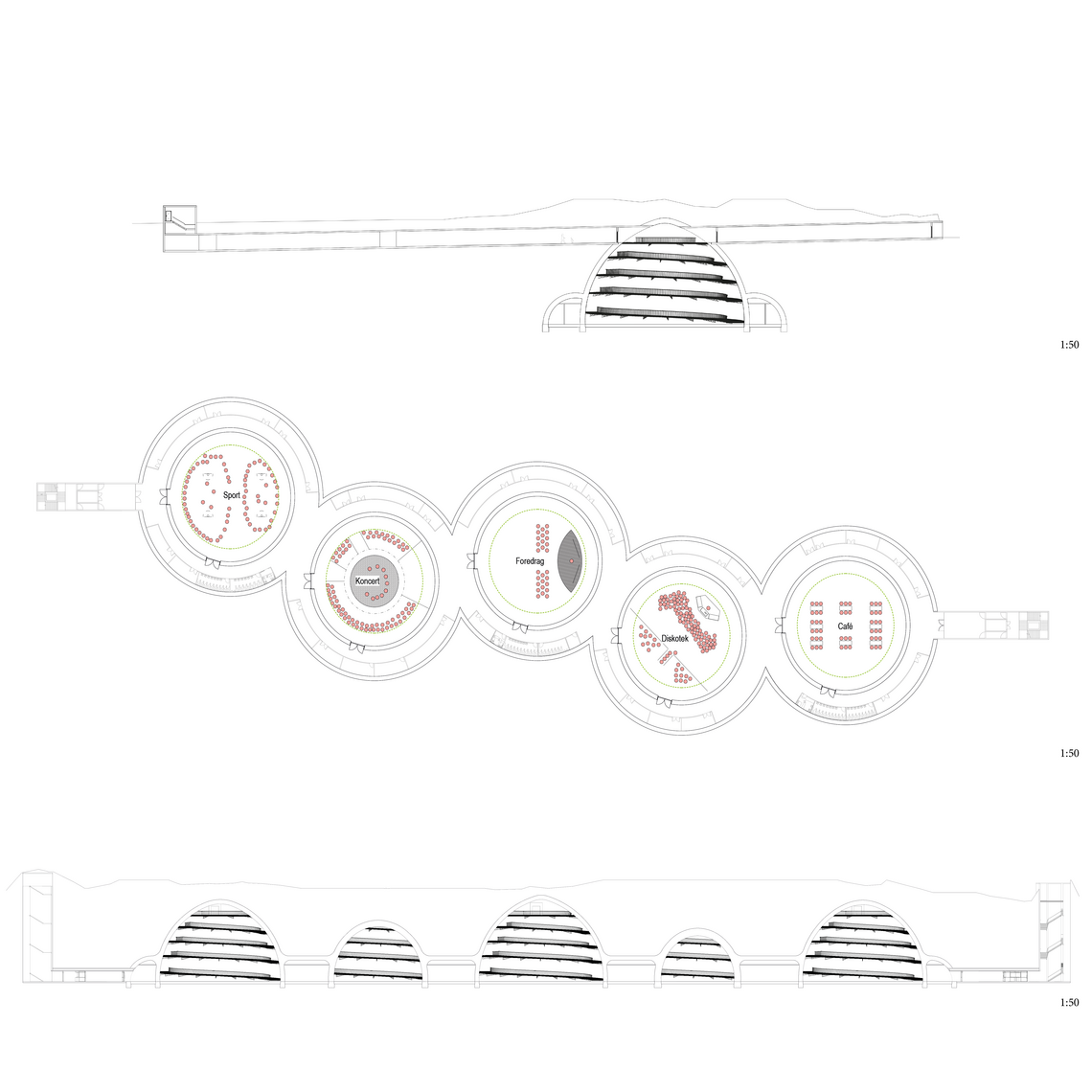 Tavlen viser Tværsnit og længdesnit øverst og nede, mens det midterste diagram viser potentielle mulige funktioner af beskyttelsesrummene i fredstid (de røde cirkler repræsentere mennesker).