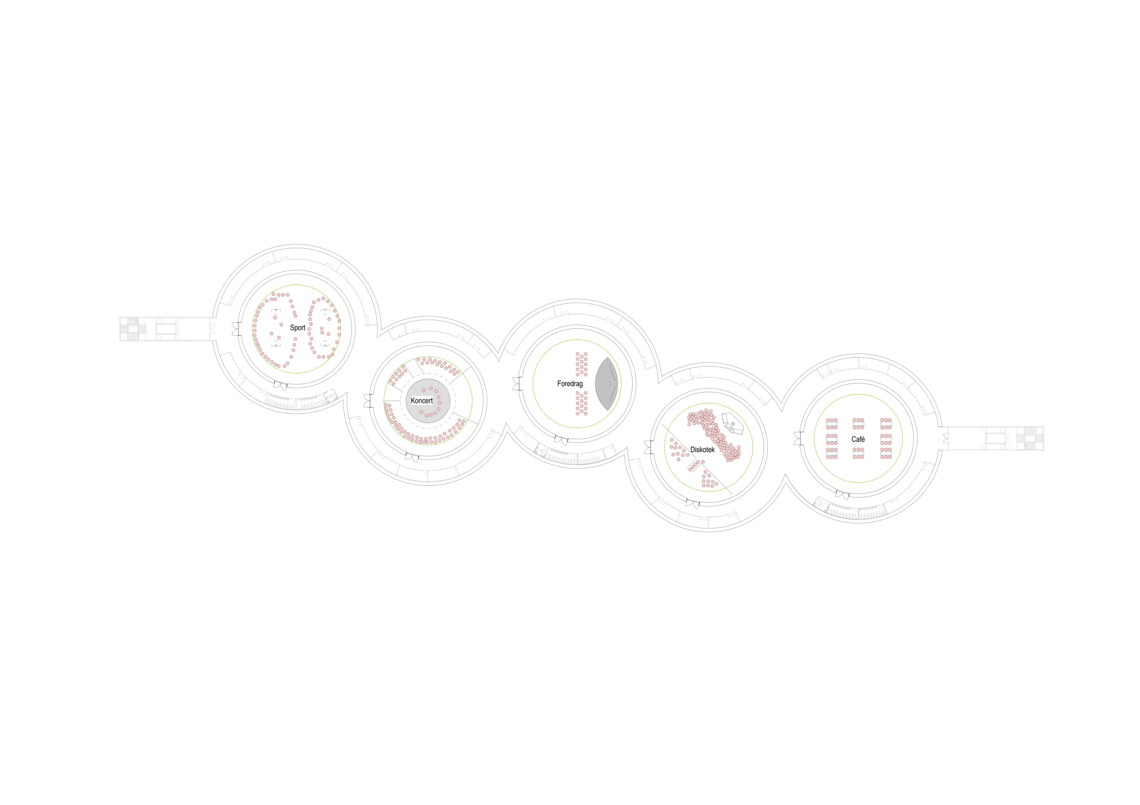 Diagram over potentielle funktioner der kunne være i beskyttelsesrummene i fredstid. De røde cirkler repræsentere mennesker i bevægelse.