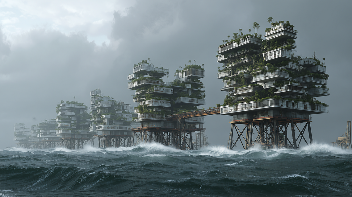 Futuristiske offshore strukturer med grønne terrasser i stormfuldt hav.