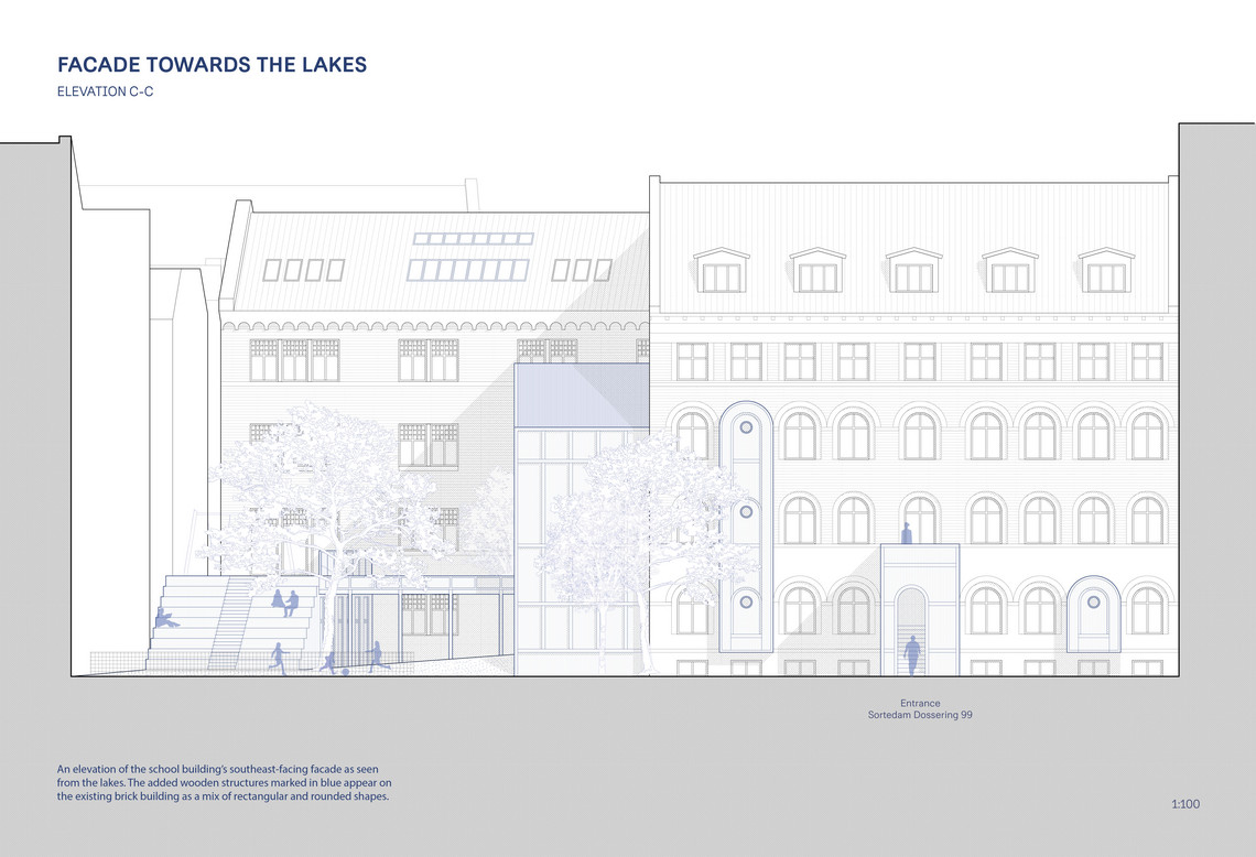 Elevation drawing looking onto the School's facade towards the lakes.