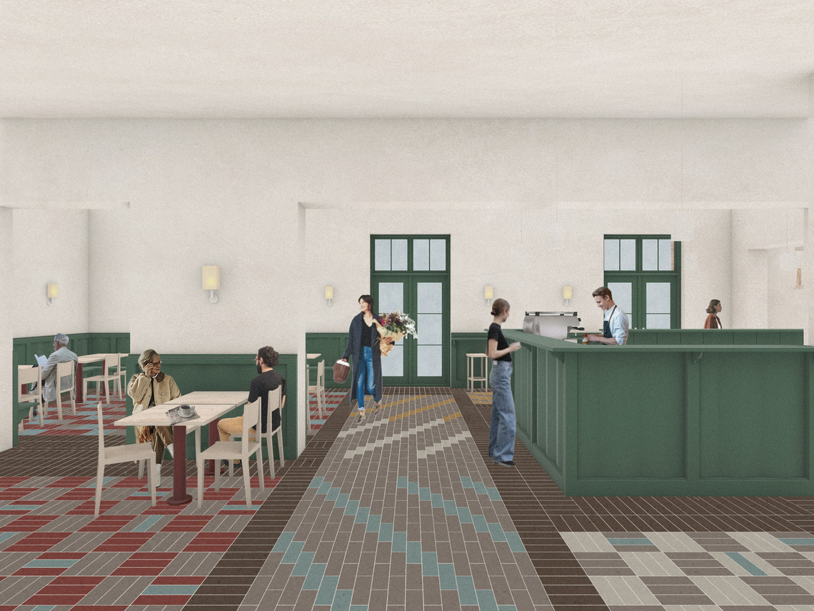 Visualization of main entrance, café & hostel check in
