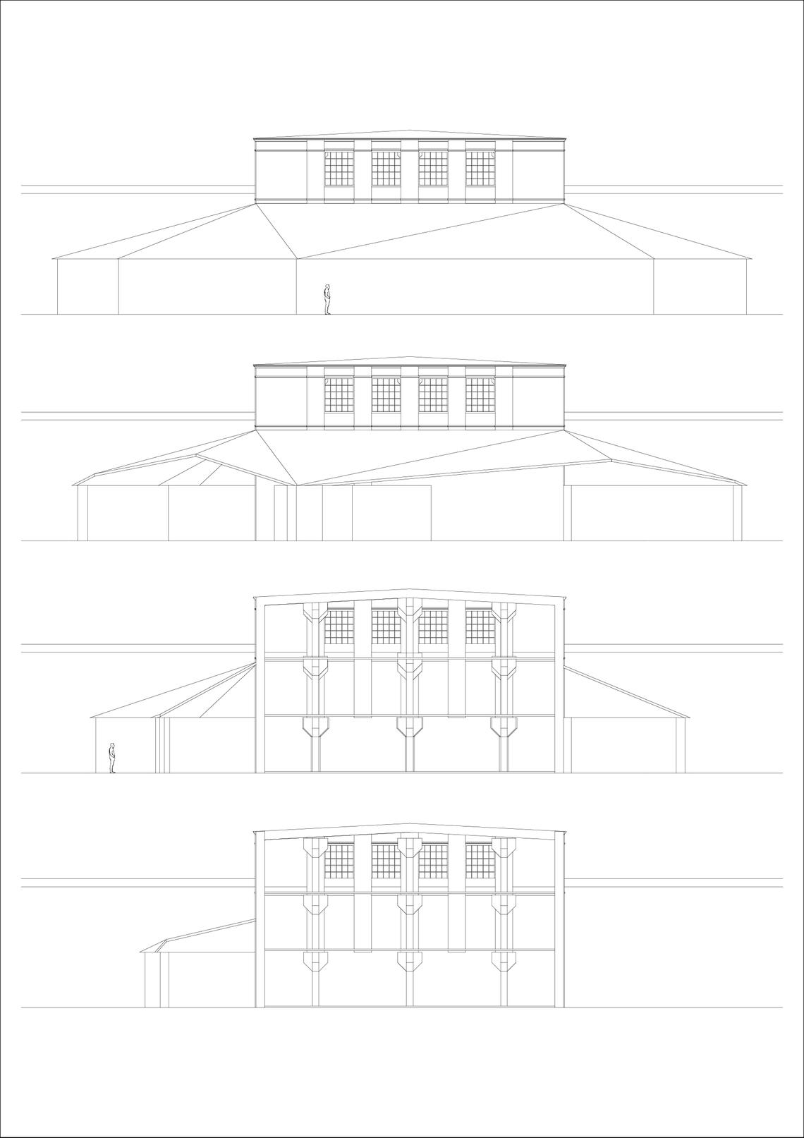 The front sections illustrate the interplay between the music rooms and the circulation spaces, revealing how vertical connections organize movement across the building.