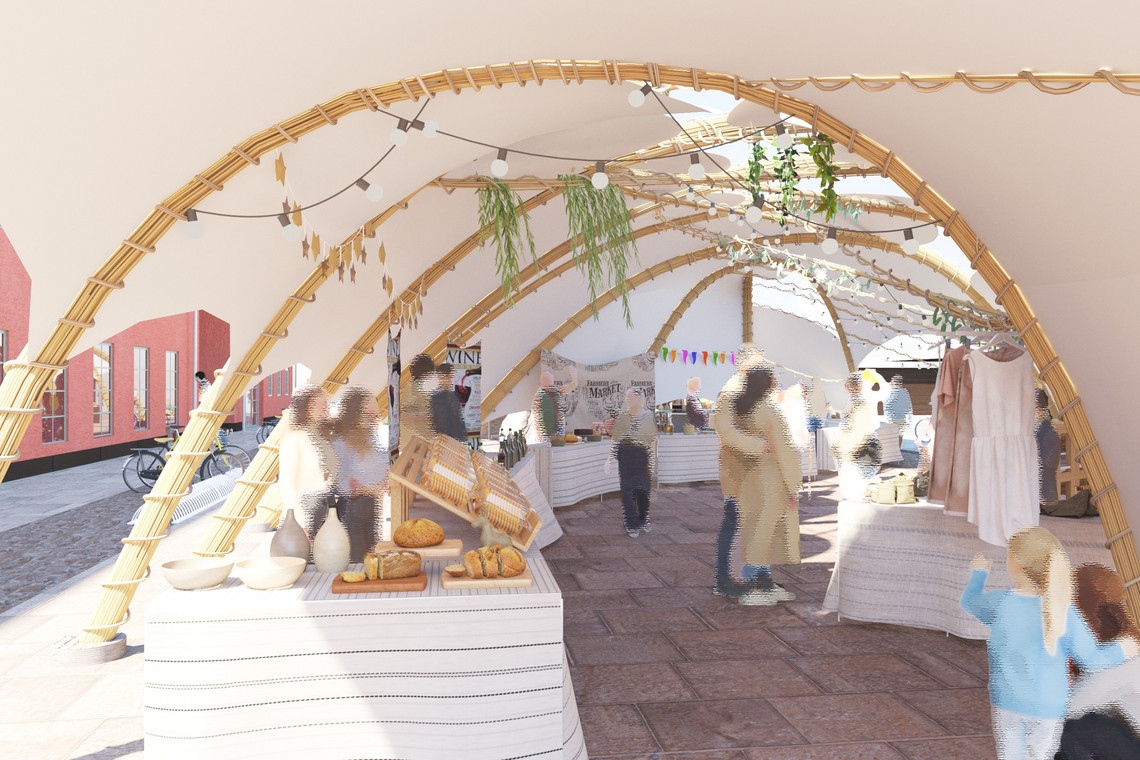 Market scene under a wooden canopy with stalls, lights, and people browsing.