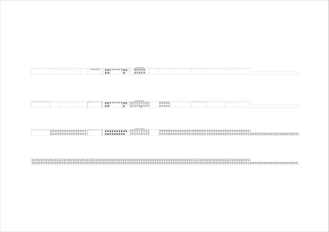 The section drawings expose the building in its entirety, revealing the layered relationship between programs, circulation, and the spatial continuity that binds the different levels together.
