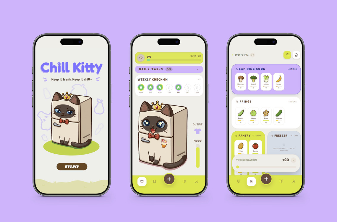 Mobile app with illustrated cat character and fridge food management