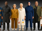 Syv personer i kunstneriske outfits med geometriske mønstre og farver.
