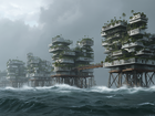 Futuristiske offshore strukturer med grønne terrasser i stormfuldt hav.