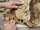 Hands shaping a perforated clay piece on a worktable.