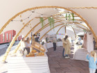 Market scene under a wooden canopy with stalls, lights, and people browsing.