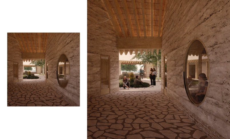 VISUALISERING AV LERHUSETS HUVUDENTRÉ, PASSAGE OCH INNERGÅRD.