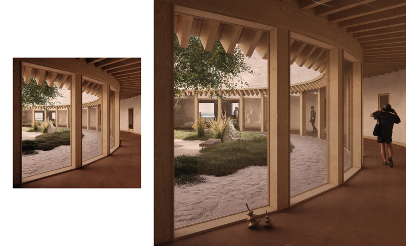 VISUALISERING AV LERHUSETS ENA KORRIDOR OCH INNERGÅRD.