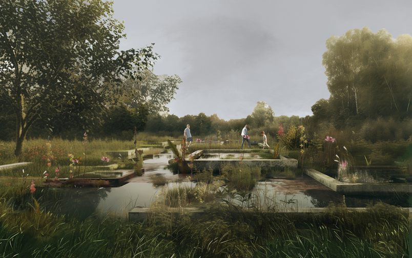 Ruinpark landscapes as a reminder of the past and a experiential landscape which also retains water
