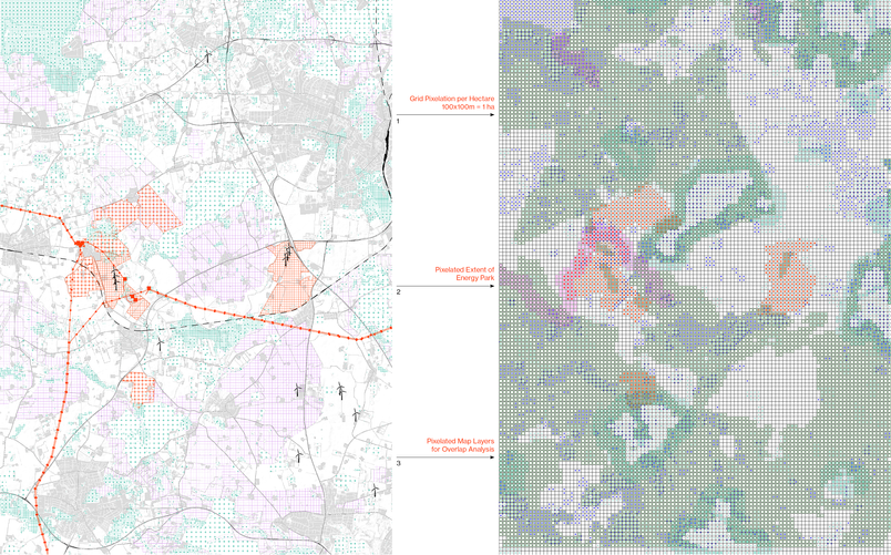 Informative mappings showing layers of site analysis and planning strategy 