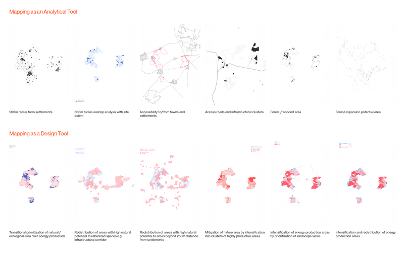 Informative mappings showing layers of site analysis and planning strategy 