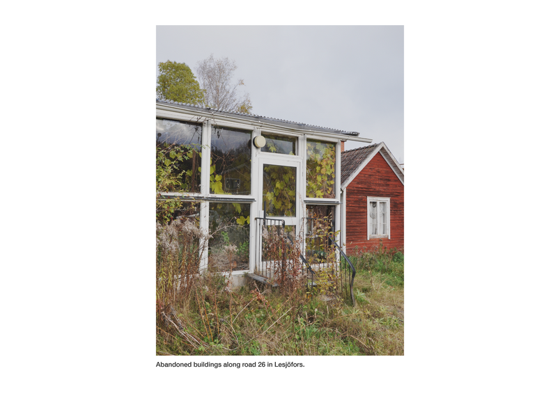 Abandoned buildings along road 26 in Lesjöfors.