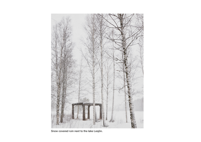 Snow covered ruin next to the lake Lesjön.