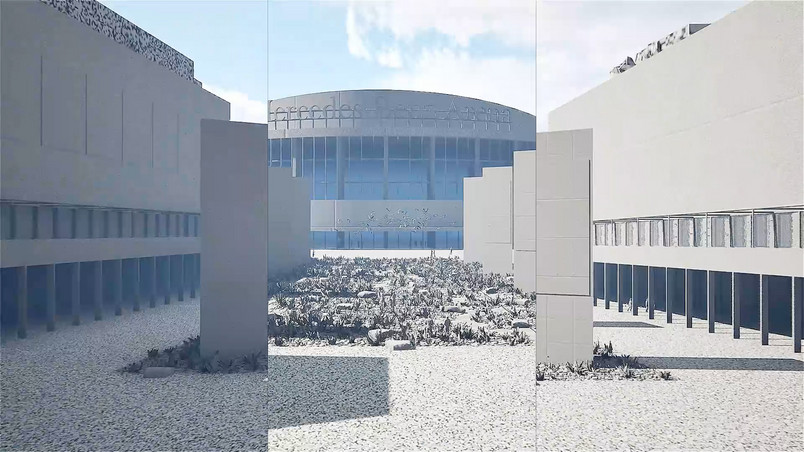 View of Mercedes Plaza with transformed paving over subterranean cistern. Screenshot of digital model display. 