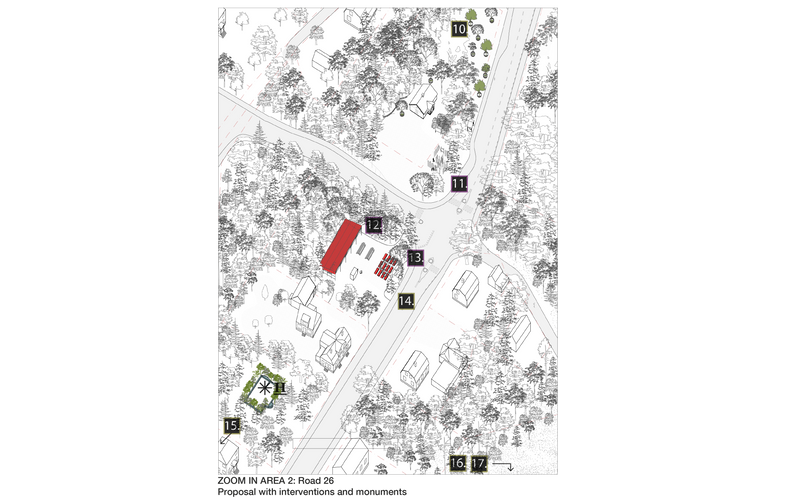 ZOOM IN AREA 2: Road 26 Proposal with interventions and monuments