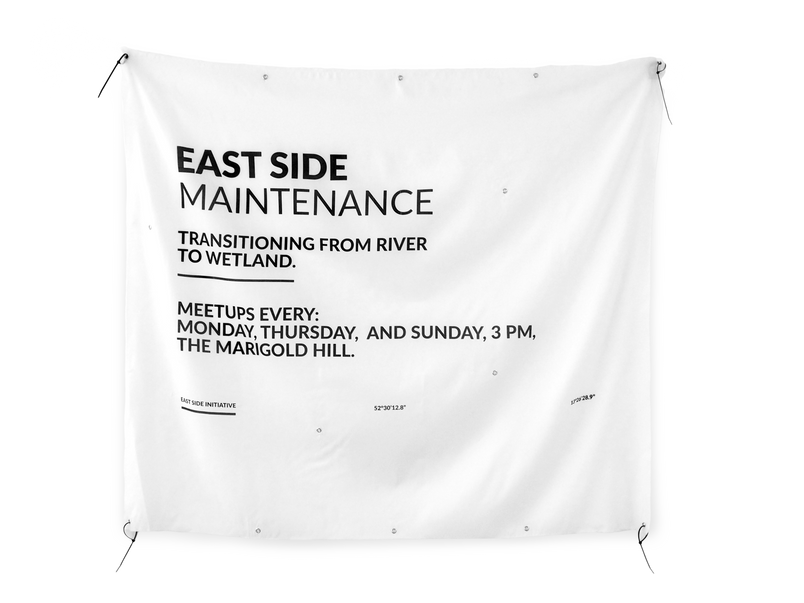 Project banners 160x160cm. Heat transfer polyester textile, metal eyelets, plastic strips.