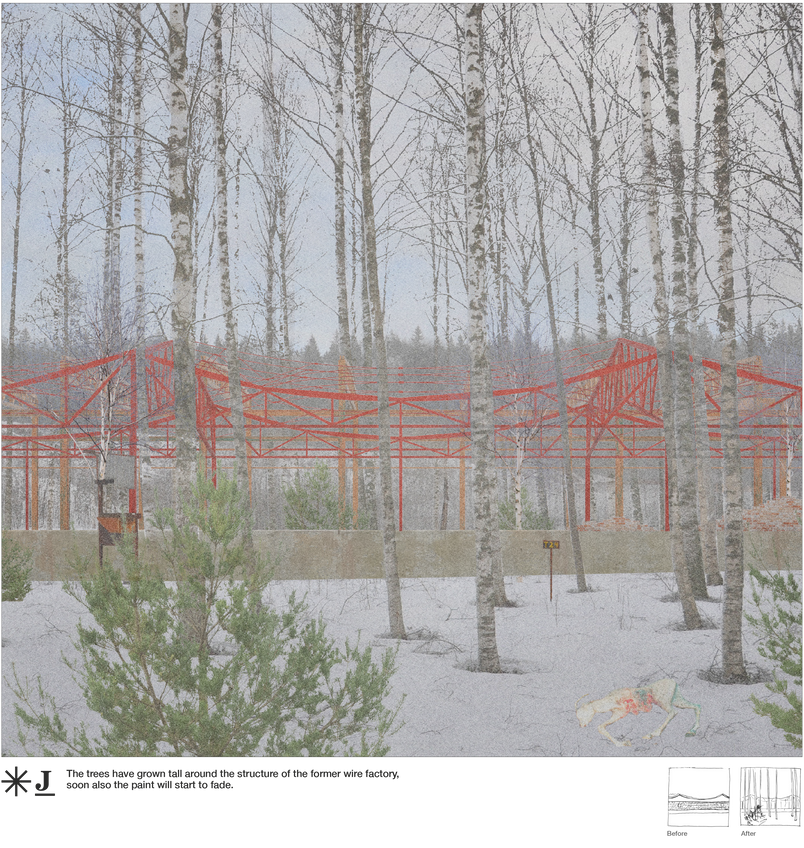 The trees have grown tall around the structure of the former wire factory,  soon also the paint will start to fade.