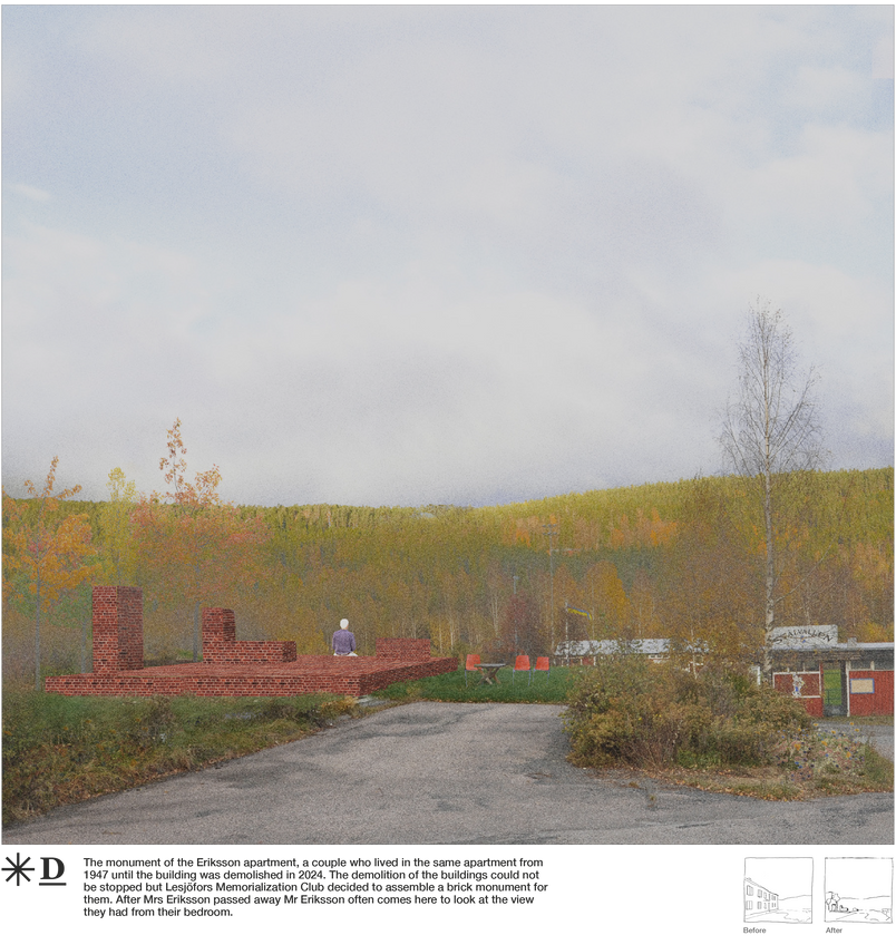 The monument of the Eriksson apartment, a couple who lived in the same apartment from 1947 until the building was demolished in 2024. The demolition of the buildings could not be stopped but Lesjöfors Memorialization Club decided to assemble a brick monument for them. After Mrs Eriksson passed away Mr Eriksson often comes here to look at the view they had from their bedroom. 