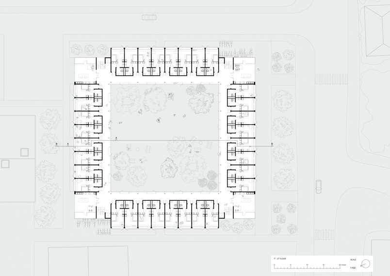 1st - 3rd floor plan. Scale 1-100.