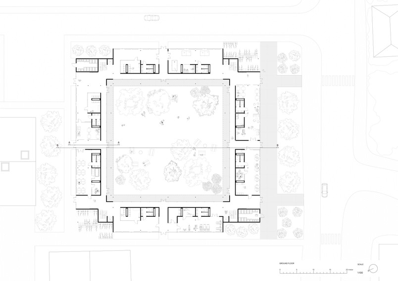 Ground floor plan. Scale 1-100.