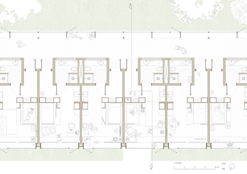 Inhabited floor plan of four student apartments. Scale 1:20.