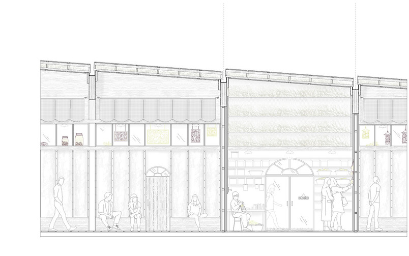 Elevation of the interior wall on craft shops in the wool mill