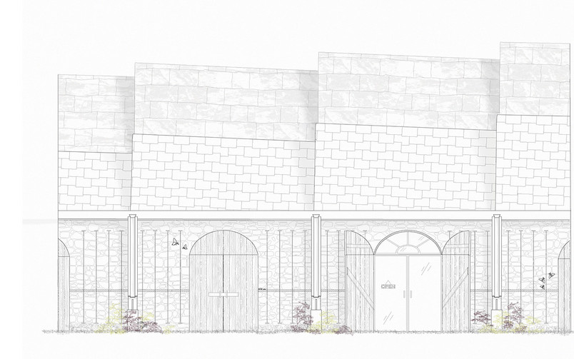 Elevation of the exterior wall on craft shops in the wool mill
