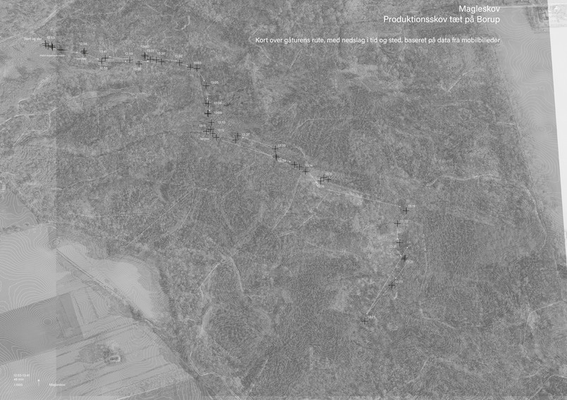 Kort over turen i Magleskov, med nedslag i tidspunkter og sted, baseret på mobilfotos