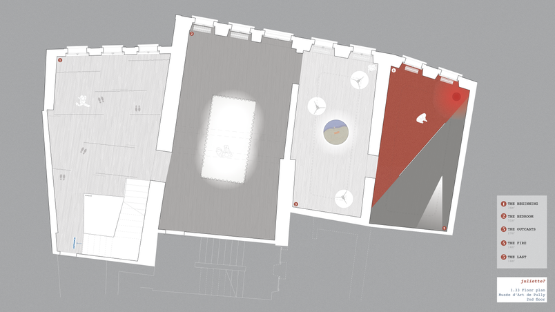 Floor plan showcasing the 5 "tableaux" within the 4 rooms of the second floor of the museum