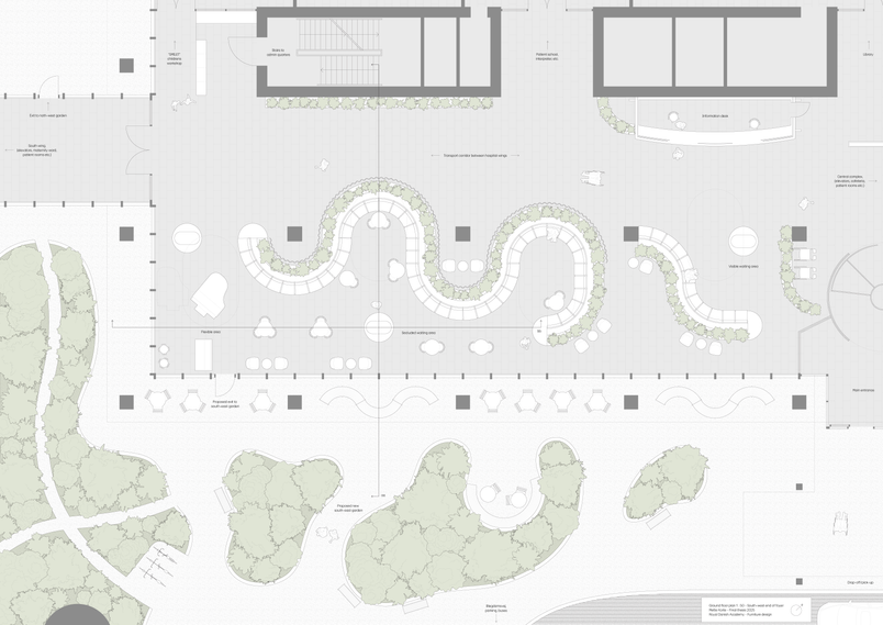 Rigshospitalet, healing architecture, plan drawing, plantegning, Mette Korte, architecture, transformation, furniture design 