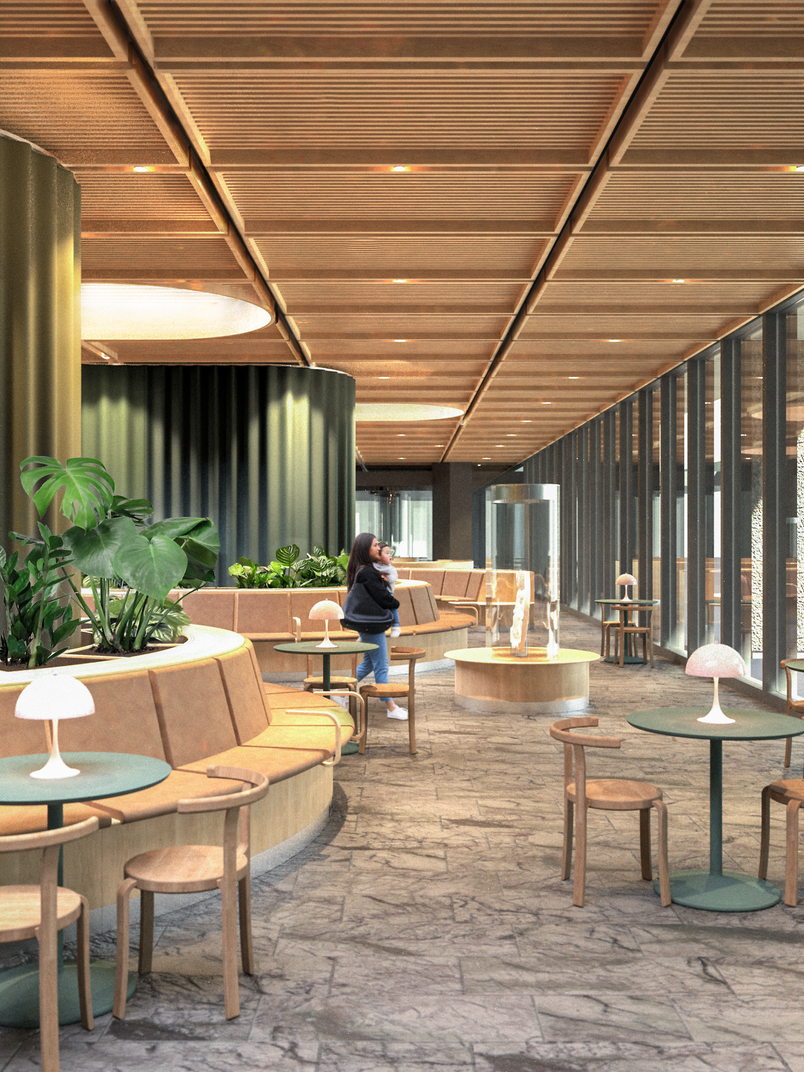 Rogshispitalet, venteværelse, waiting area, lobby, hospital foyer, visualization, Mette Korte, architecture, transformation, furniture design 