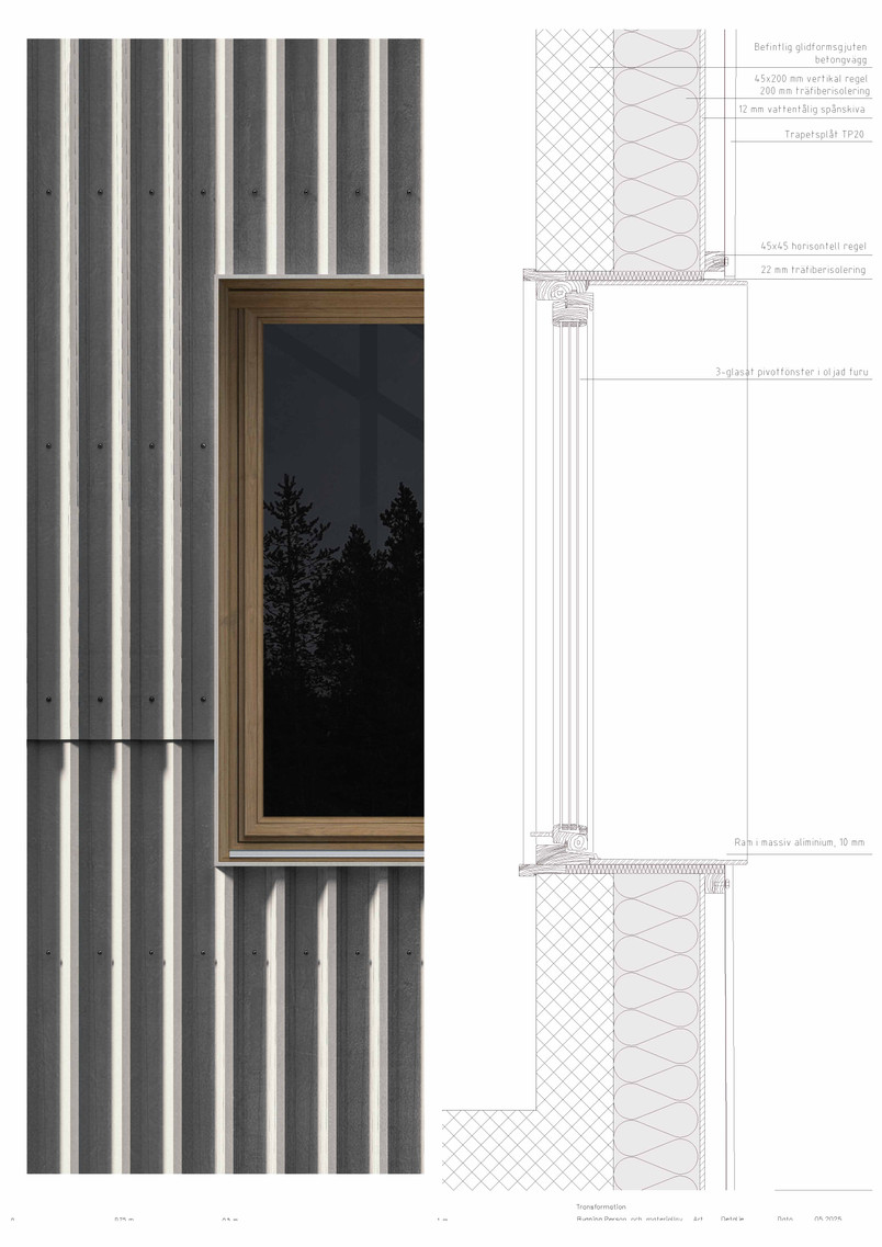 Person- och Materiallaven - Snitt/Opstalt, skala 1:5. Person- och Materiallav - Snitt/Opstalt, skala 1:5. Ny facade og tophængt vindue i fyrretræ.